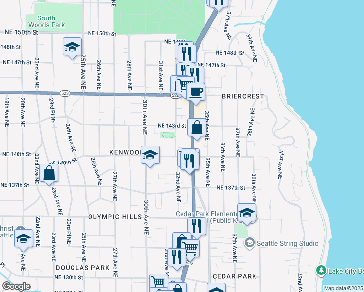 map of restaurants, bars, coffee shops, grocery stores, and more near 14018 32nd Avenue Northeast in Seattle