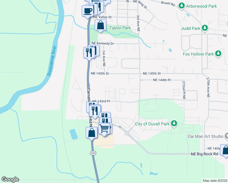 map of restaurants, bars, coffee shops, grocery stores, and more near 26582 Northeast 143rd Street in Duvall