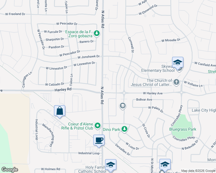 map of restaurants, bars, coffee shops, grocery stores, and more near 6564 Atlas Road in Coeur d'Alene
