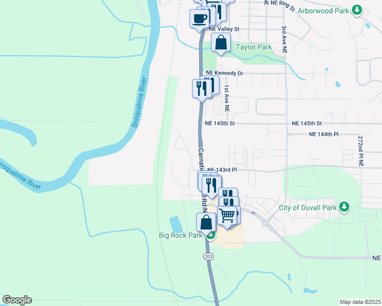 map of restaurants, bars, coffee shops, grocery stores, and more near 14434 Carnation Duvall Road Northeast in Duvall