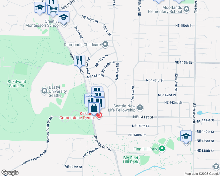 map of restaurants, bars, coffee shops, grocery stores, and more near 7444 Northeast 143rd Street in Kirkland