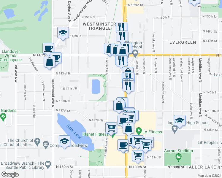 map of restaurants, bars, coffee shops, grocery stores, and more near 14108 Linden Avenue North in Seattle