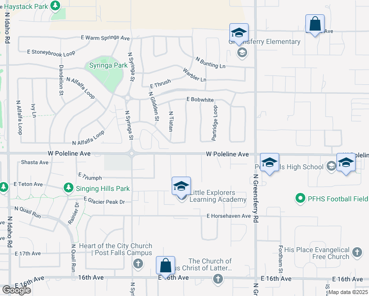 map of restaurants, bars, coffee shops, grocery stores, and more near 3437 White Sands Lane in Post Falls