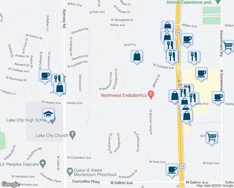 map of restaurants, bars, coffee shops, grocery stores, and more near 1136 West Willow Lake Loop in Coeur d'Alene