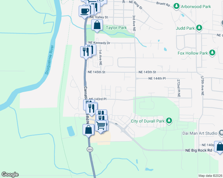 map of restaurants, bars, coffee shops, grocery stores, and more near 26555 Northeast 143rd Circle in Duvall