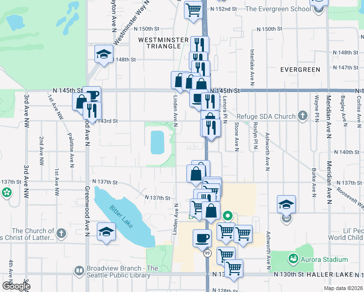 map of restaurants, bars, coffee shops, grocery stores, and more near 14002 Linden Avenue North in Seattle