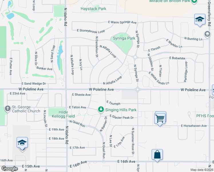 map of restaurants, bars, coffee shops, grocery stores, and more near 2310 North Bunchgrass Drive in Post Falls