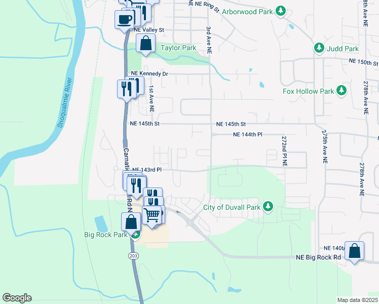 map of restaurants, bars, coffee shops, grocery stores, and more near 14408 267th Court Northeast in Duvall