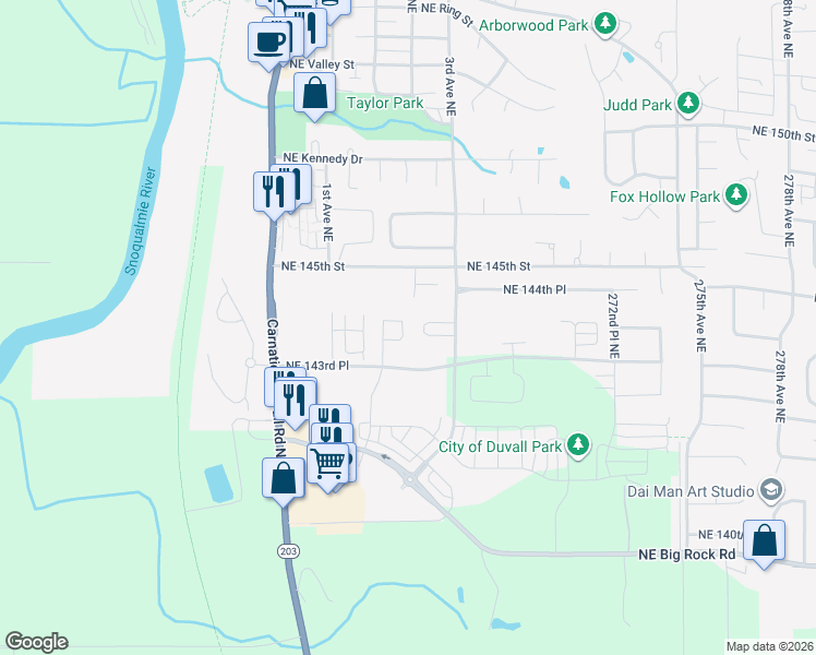 map of restaurants, bars, coffee shops, grocery stores, and more near 14336 266th Circle Northeast in Duvall