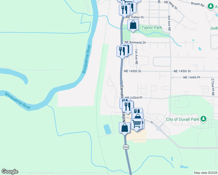map of restaurants, bars, coffee shops, grocery stores, and more near 14441 Carnation-Duvall Road Northeast in Duvall