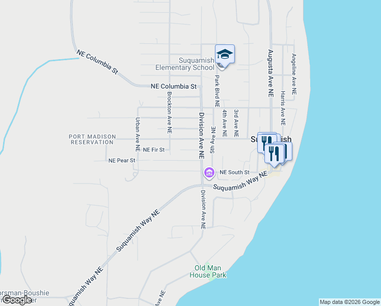 map of restaurants, bars, coffee shops, grocery stores, and more near 6751 Northeast Center Street in Suquamish