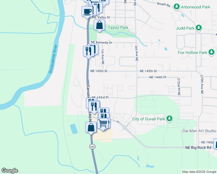 map of restaurants, bars, coffee shops, grocery stores, and more near 26562 Northeast 143rd Street in Duvall