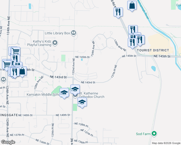 map of restaurants, bars, coffee shops, grocery stores, and more near 13310 Northeast 144th Place in Woodinville