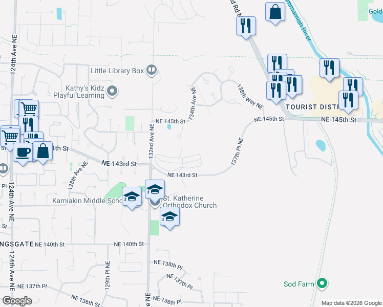 map of restaurants, bars, coffee shops, grocery stores, and more near 13334 Northeast 144th Place in Woodinville