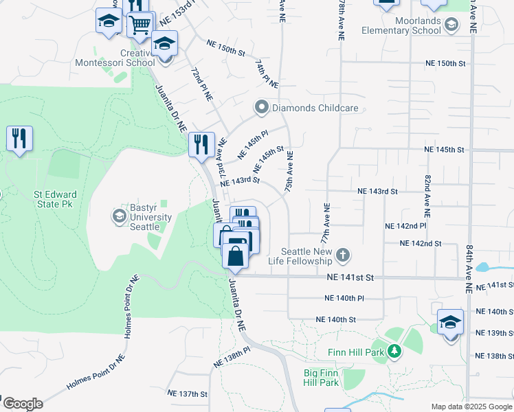 map of restaurants, bars, coffee shops, grocery stores, and more near 14220 Juanita Drive Northeast in Kirkland