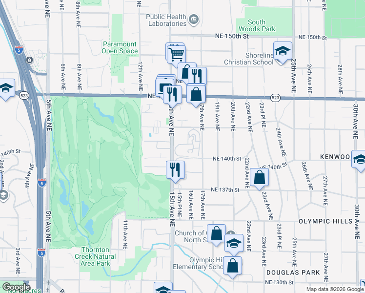 map of restaurants, bars, coffee shops, grocery stores, and more near 1524 Northeast 140th Street in Seattle