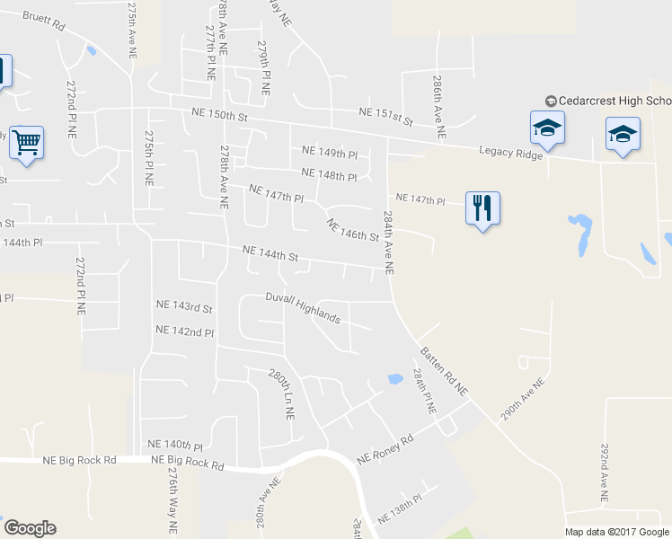 map of restaurants, bars, coffee shops, grocery stores, and more near 14321 282nd Place Northeast in Duvall