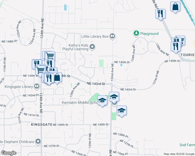 map of restaurants, bars, coffee shops, grocery stores, and more near 13017 Northeast 144th Place in Kirkland