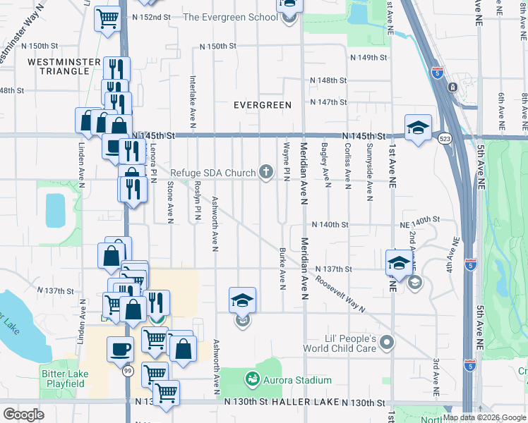 map of restaurants, bars, coffee shops, grocery stores, and more near 14031 Wallingford Avenue North in Seattle