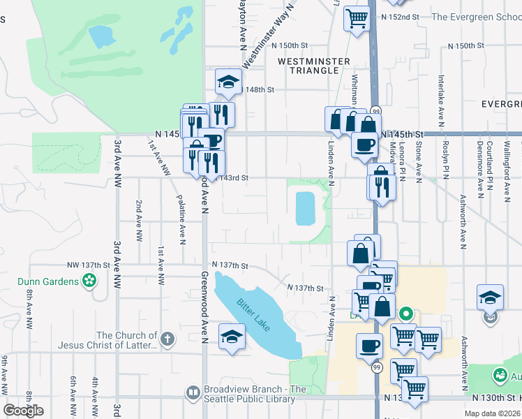 map of restaurants, bars, coffee shops, grocery stores, and more near 521 North 142nd Street in Seattle