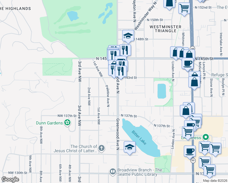 map of restaurants, bars, coffee shops, grocery stores, and more near 14034 Palatine Avenue North in Seattle