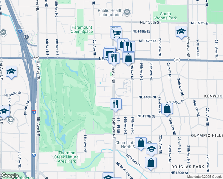 map of restaurants, bars, coffee shops, grocery stores, and more near 14025 15th Avenue Northeast in Seattle