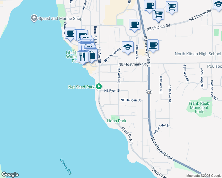 map of restaurants, bars, coffee shops, grocery stores, and more near 530 Northeast Ryen Street in Poulsbo