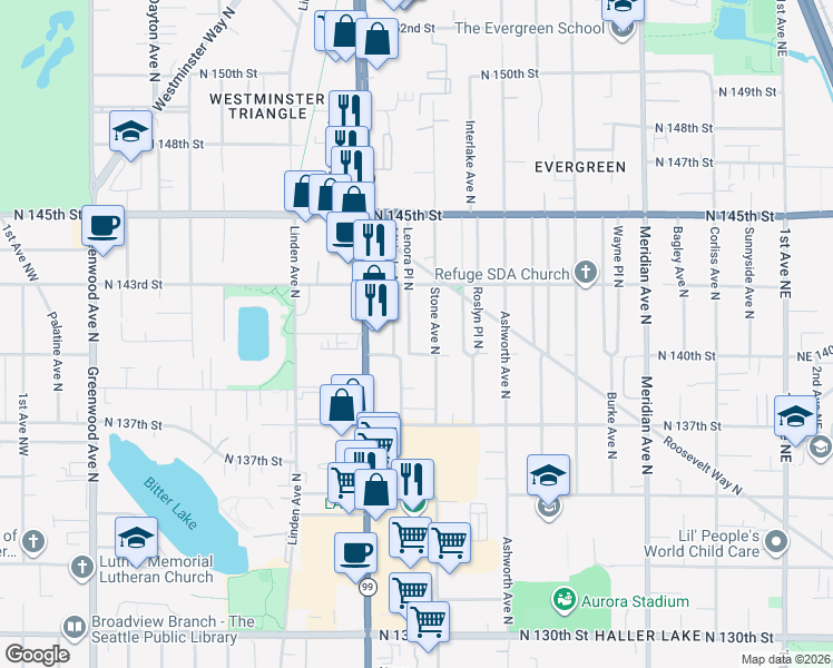 map of restaurants, bars, coffee shops, grocery stores, and more near 14016 Lenora Place North in Seattle