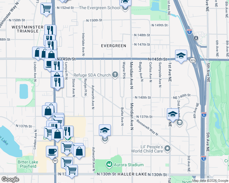 map of restaurants, bars, coffee shops, grocery stores, and more near 14031 Wallingford Avenue North in Seattle