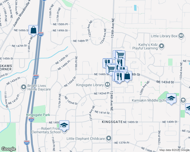 map of restaurants, bars, coffee shops, grocery stores, and more near 14405 122nd Place Northeast in Kirkland