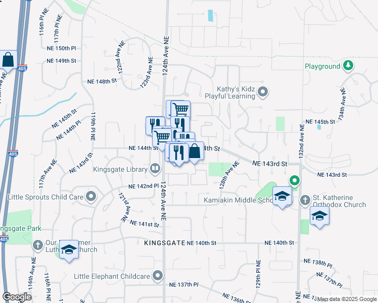 map of restaurants, bars, coffee shops, grocery stores, and more near 12519 Northeast 144th Street in Kirkland