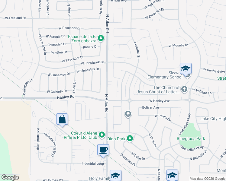 map of restaurants, bars, coffee shops, grocery stores, and more near 6564 Atlas Road in Coeur d'Alene