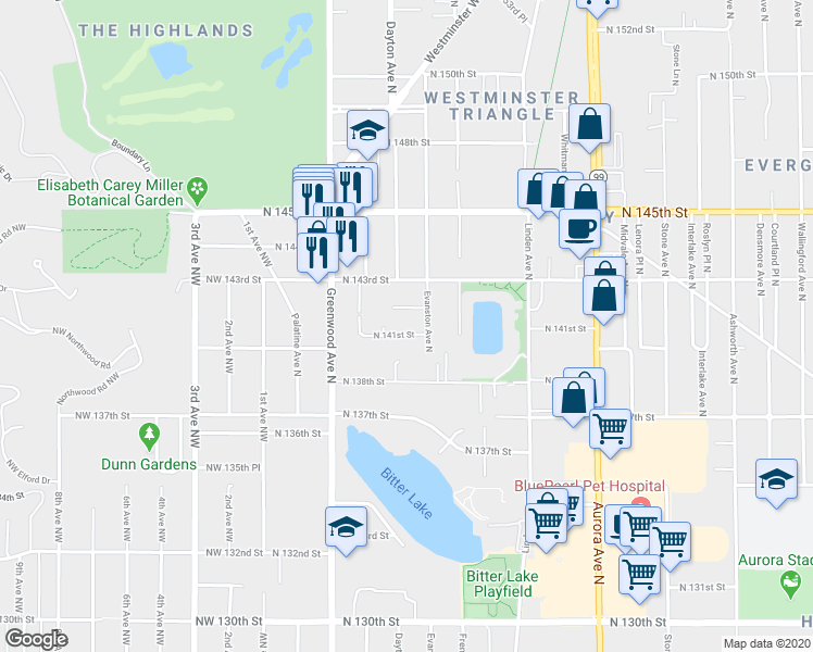 map of restaurants, bars, coffee shops, grocery stores, and more near 521 North 142nd Street in Seattle