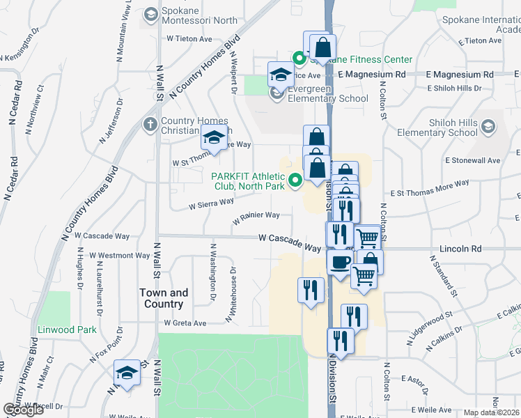 map of restaurants, bars, coffee shops, grocery stores, and more near 303 West Sierra Way in Spokane