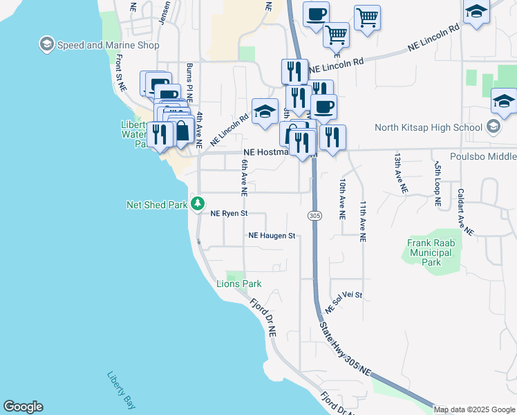 map of restaurants, bars, coffee shops, grocery stores, and more near 709 Northeast Harrison Street in Poulsbo