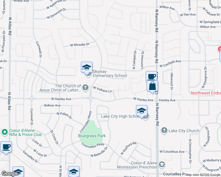 map of restaurants, bars, coffee shops, grocery stores, and more near 104 North Keystone Court in Coeur d'Alene