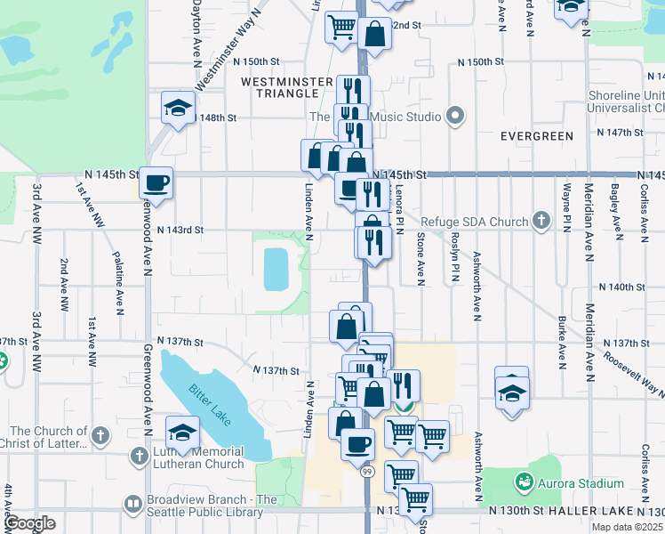 map of restaurants, bars, coffee shops, grocery stores, and more near 14115 Aurora Ave N in Seattle