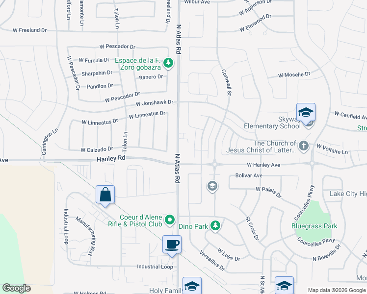 map of restaurants, bars, coffee shops, grocery stores, and more near 6564 Atlas Road in Coeur d'Alene