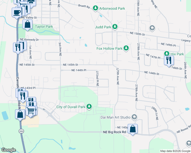 map of restaurants, bars, coffee shops, grocery stores, and more near 14356 271st Circle Northeast in Duvall