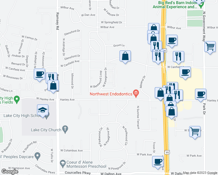 map of restaurants, bars, coffee shops, grocery stores, and more near 1113 West Willow Lake Loop in Coeur d'Alene