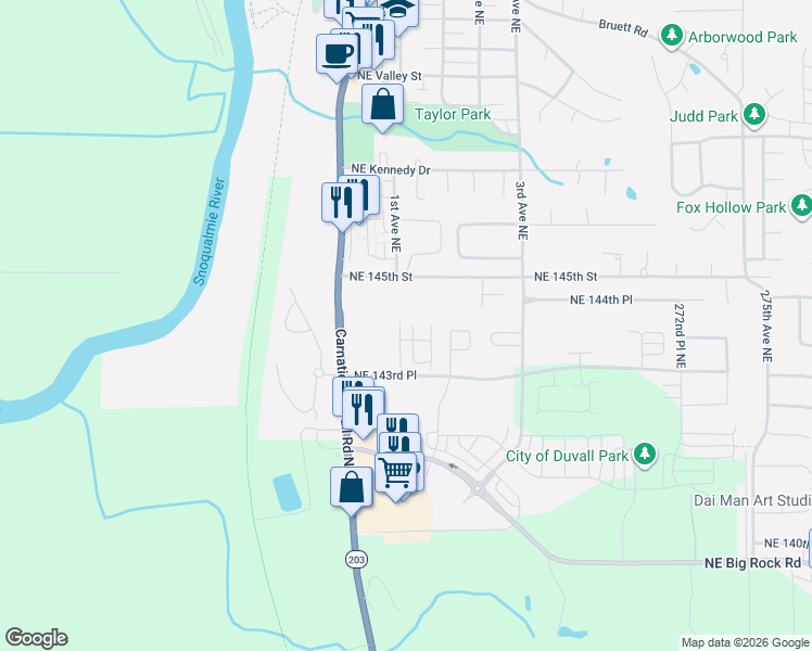 map of restaurants, bars, coffee shops, grocery stores, and more near 14346 1st Avenue Northeast in Duvall