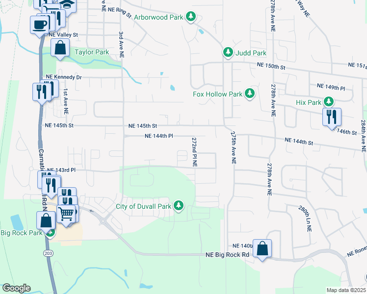 map of restaurants, bars, coffee shops, grocery stores, and more near 27107 Northeast 144th Place in Duvall