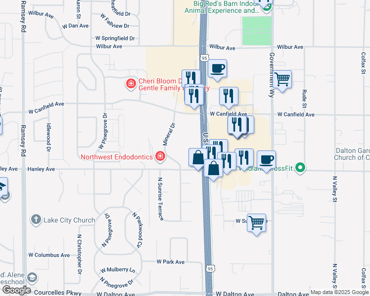 map of restaurants, bars, coffee shops, grocery stores, and more near 6450 North Mineral Drive in Coeur d'Alene