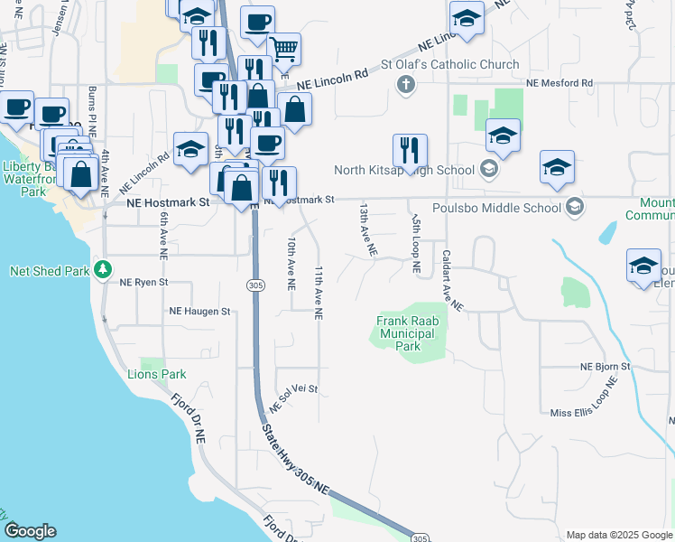 map of restaurants, bars, coffee shops, grocery stores, and more near 18533 Skog Court Northeast in Poulsbo