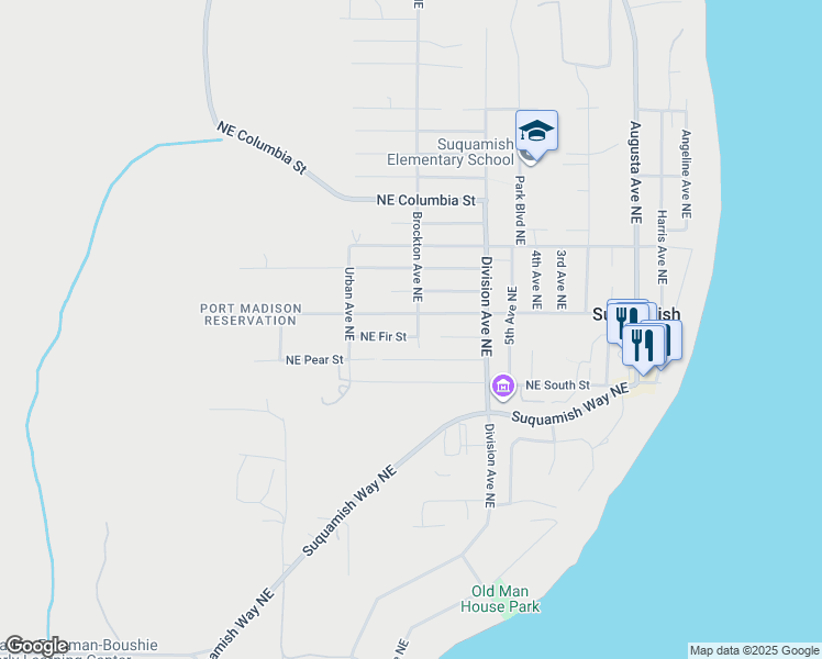 map of restaurants, bars, coffee shops, grocery stores, and more near 18543 Brockton Avenue Northeast in Suquamish
