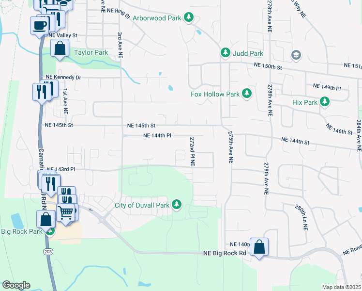 map of restaurants, bars, coffee shops, grocery stores, and more near 27107 Northeast 144th Place in Duvall