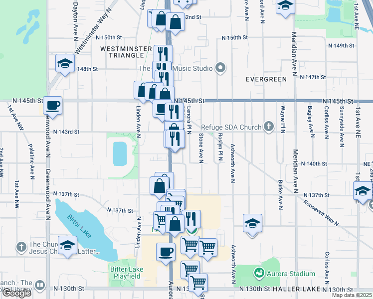 map of restaurants, bars, coffee shops, grocery stores, and more near 14038 Lenora Place North in Seattle
