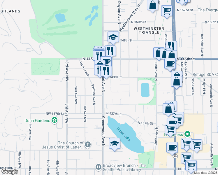 map of restaurants, bars, coffee shops, grocery stores, and more near 14036 Greenwood Avenue North in Seattle