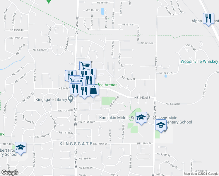 map of restaurants, bars, coffee shops, grocery stores, and more near 12724 Northeast 144th Street in Kirkland