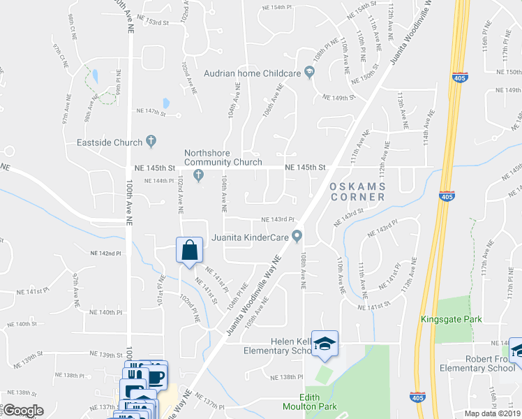 map of restaurants, bars, coffee shops, grocery stores, and more near 10607 Northeast 144th Street in Kirkland